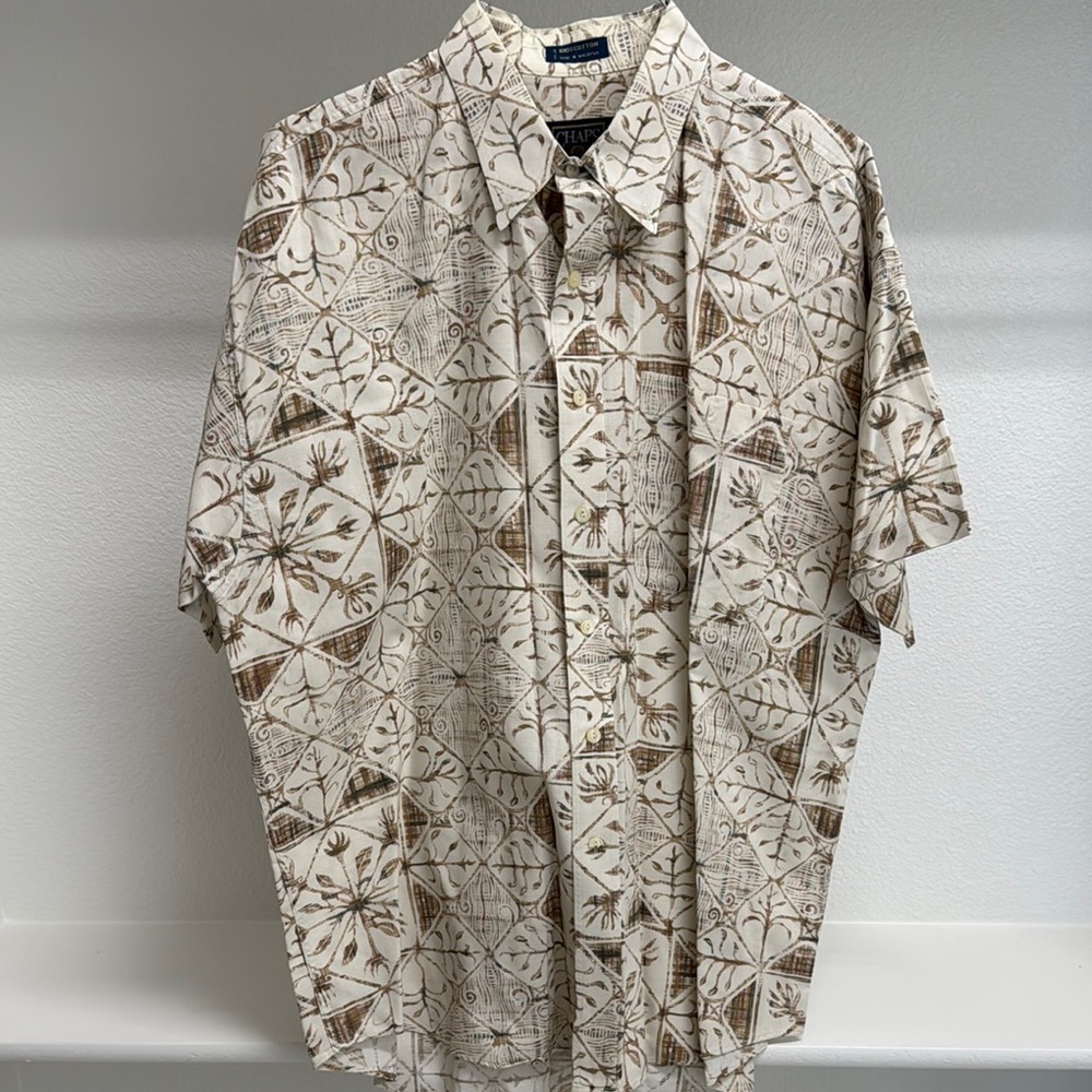 VTG CHAPS Ralph Lauren Short Sleeve Button Down 100% Cotton Men's XL Tan Print